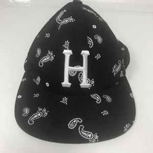 HUF Baseball Hat Black Paisley Bandana White Embroidered H Snapback 100% Cotton
